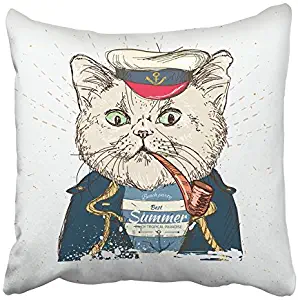 Emvency Throw Pillow Cover White Sailor of Pirate Cat on Blue in Graphic Kitty Painting Admiral Animal Boy Print Home Decor Design Square Set Cushion Case 20 x 20 Inch of Bedroom Sofa Pillowcase
