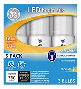 GE Lighting 79368 LED Bright Stik 10-watt (60-Watt Replacement), 760-Lumen Light Bulb Non-Dimmable with Medium Base, Soft White, 1 Box (3 Bulbs Total)