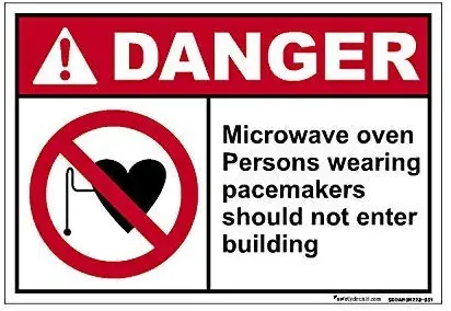 Reproduction Metal tin Sign12x16Inch, Danger Microwave Oven Persons Wearing Pacemakers Should Not Enter Building Sign,Aluminum Funny Warning Signs for House Hazard Safety Sign Private Road Sign