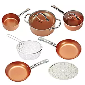 Copper Chef Cookware 9-Pc. Round Pan Set –Aluminum & Steel With Ceramic Non Stick Coating. Includes Lids, Frying and Roasting Pans Accessories