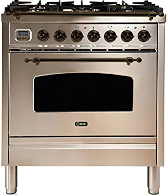 Ilve UPN76DMPIY Nostalgie Series 30 Inch Dual Fuel Convection Freestanding Range, 5 Sealed Brass Burners, 3 cu.ft. Total Oven Capacity in Stainless Steel, Bronze Trim (Natural Gas)