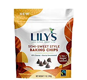 Lily's Semi Sweet Chocolate Chips 7 oz. Resealable bag. Baking projects without the guilt! No added sugar, low carb, keto friendly, vegan, fair trade, gluten free!