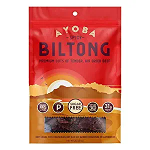 Ayoba-Yo Spicy Biltong. Grass Fed, Tender Beef Snack. Better than Jerky. Paleo and Keto Certified and Whole30 Friendly. High Protein Steak Cuts. Made with Premium Meat. Gluten & Sugar Free. 2 Ounce