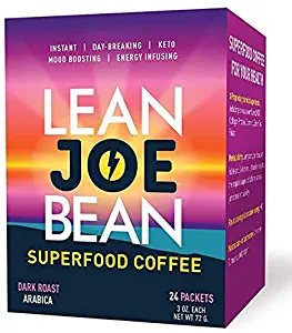 Lean Joe Bean Superfood Coffee | Organic Instant Keto Coffee with Mushrooms, MCT, Collagen, Turmeric, Probiotics & Folate | Mood & Energy Boosting Happy Coffee Backed by Science (24 Count)