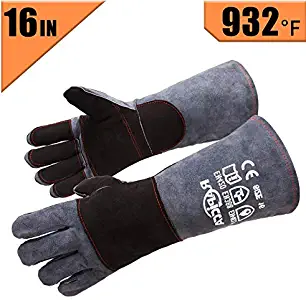 RAPICCA Leather Forge Welding Gloves Heat/Fire Resistant, Mitts for Oven/Grill/Fireplace/Furnace/Stove/Pot Holder/Tig Welder/Mig/BBQ/Animal handling glove with 16 inches Extra Long Sleeve – GreyBlack