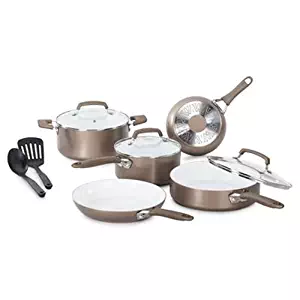 WearEver C944SA Pure Living Nonstick Ceramic Coating Scratch Resistant PTFE PFOA and Cadmium Free Dishwasher Safe Oven Safe Cookware Set, 10-Piece, Gold