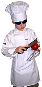 CHEFSKIN KIDS CHILDREN CHEF SET : 1 CHEF JACKET + 1 CHEF HAT + 1 CHEF APRON BEAUTIFUL SET, JUST LIKE THE ORIGINAL CHEFS ALL IN WHITE, PERFECT FOR COSTUME HALLOWEEN CHRISTMAS, FOR SCHOOL OR TO HELP MOM (ALL SIZES AVAILABLE, XXS XS SMALL M L XL XXL) (XL(FITS KIDS 7-8))