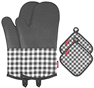 esonmus Silicone Oven Mitts, Extra Long Oven Gloves with 2 Pot Holders,Advanced Heat Resistance,Soft Cotton Lining with Non-Slip Textured Grip,BPA Free for Safe BBQ Cooking Baking Grilling,Grey Plaid