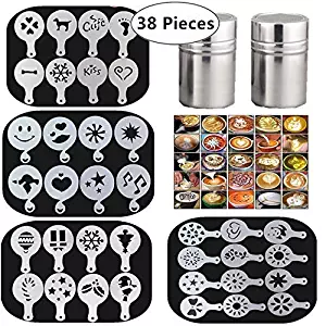 36 Coffee Decorating Stencils + 2 Stainless Steel Mesh Powder Shaker, Magnoloran Foam Latte Art Stencils Barista Templates for Decorating Oatmeal Cupcake Cake Cappuccino Mousse Hot Chocolate
