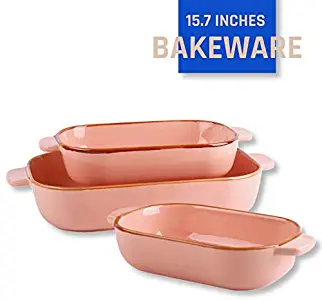 Kvv Rectangular Ceramic Baking Pan, Bakeware Set of 3 Piece,Baking Dishes, Lasagna Pans for Cooking, Kitchen, Cake Dinner, Banquet and Daily Use, 13 x 9 Inches (pink)