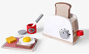 Bread and Butter Toaster Set, Pop-Up Toaster Playset with Butter, Jam, Egg, and Coffee Cup - Wooden Play Food and Kitchen Accessories - 7.1 x 4.3 x 3.5 inches