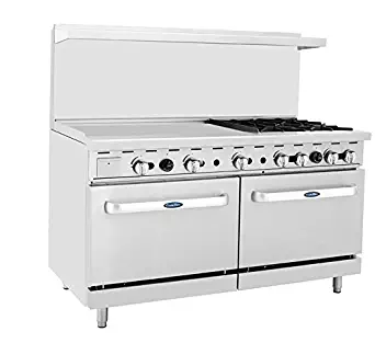 Atosa ATO-36G4B 60'' Gas Range. (4) Open Burners and 36'' Griddle on the LEFT with Two 26'' 1/2 Wide Ovens