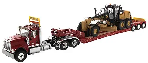 International HX520 Tandem Tractor Red with XL 120 Lowboy Trailer and CAT Caterpillar 12M3 Motor Grader Set of 2 Pieces 1/50 Diecast Models by Diecast Masters 85598