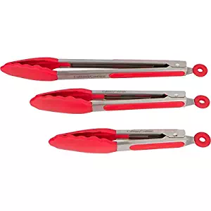 Red Kitchen Tongs with Silicone Tips - Set Of 3 Locking Tongs for Cookin-7,9,12" - For BBQ Grill, Oven Baking, Salad Steak Vegetable Pasta, Fish| BONUS Ebook| Stainless Steel Utensils