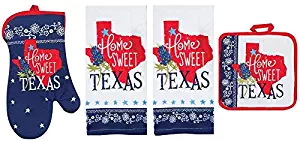Kay Dee Home Sweet Texas Premium 4-Piece Kitchen Linen Set. Two Decorative Tea Towels, Oven Mitt, & Pot Holder. Red White & Blue Lone Star and Bluebonnet Pattern. 100% Cotton. Great Gift!