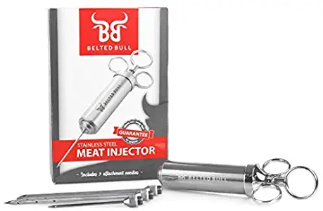 Belted Bull Stainless Steel Barbecue Meat Injector Syringe - Injector Pump –304 Grade Steel – Three Needles for Liquid or Chunky Marinades and Rubs - Cajun Injector