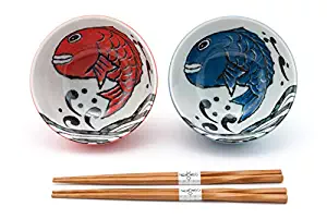 Fuji Merchandise Japanese Porcelain Multi Purpose Bowl with Chopsticks Set of 2 Red Snapper Tai Design Gift Set Made In Japan