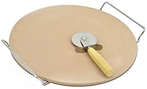 -Eternal- Kitchen Ideas Pizza Stone for Oven Crispy Crust Pizza with Handle and Crust Cutter Wheel | Durable Stoneware with Metal Handles for Oven & Grills (13 inches, Brown)