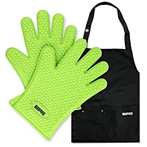 FERS BBQ Cooking Silicone Gloves Mitts & Apron Set | Barbecue Grill Gloves with Nifty Black Apron - Multiple Pockets & Adjustable Straps (Green)