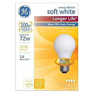 GE Lighting 70284 Soft White Long Life 72-Watt (100-watt Replacement), 1270-Lumen A19 Light Bulb with Medium Base, 4-Pack, 4