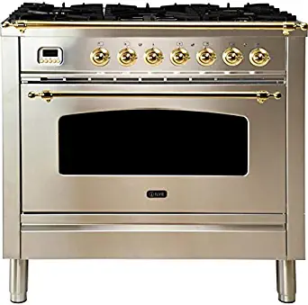Ilve UPN90FDMPI Nostalgie Series 36 Inch Dual Fuel Convection Freestanding Range, 5 Sealed Brass Burners, 3.55 cu.ft. Total Oven Capacity in Stainless Steel, Brass Trim (Natural Gas)