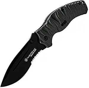 SMITH & WESSON Black Ops SWBLOP4BS 7.7in S.S. Assisted Opening Knife with 3.3in Serrated Drop Point Blade and Aluminum Handle for Tactical, Survival and EDC