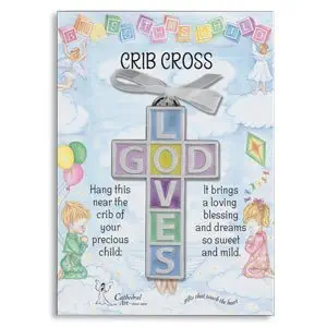 GOD LOVES - BABY CRIB CROSS 4" SILVERTONE - Boy or Girl/UNISEX/CHRISTENING/BABY SHOWER GIFT/Baptism KEEPSAKE/On Card with Verse