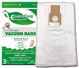 EnviroCare Replacement Anti-Allergen Vacuum Bags for Kenmore 50688 and 50690 Type U, L, and O, Panasonic Type U-2, U-10 Uprights 3 Pack
