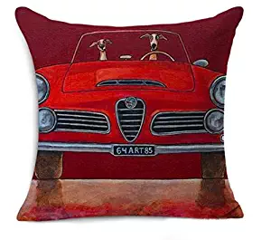 Petite Lili Cushion Cover with Dog Driver Design, Decorative Pillow - Bed/Kids/Sofa 18 x 18 inch, (ALFA Romeo RED) Cover Only
