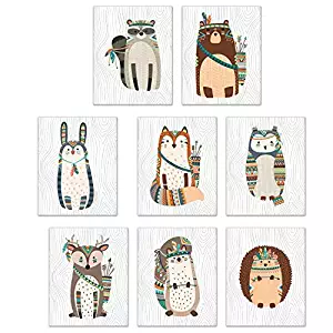 Tribal Woodland Animal Prints - Set of 8 Cute Bohemian Nursery Wall Art Decor Photos 8x10 - Bear - Raccoon - Hedgehog - Rabbit - Fox - Owl - Squirrel - Deer