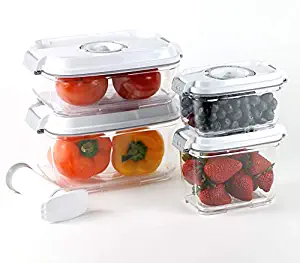 PrepSealer Vacuum Seal Rectangle Container 5-Pc Set vacuum container removes the air out, locks freshness in, allows to retain freshness up to 4 times longer than ordinary food containers