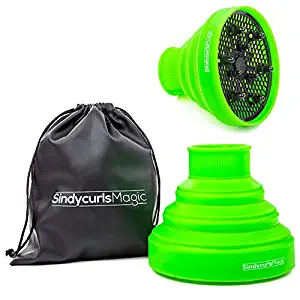 Collapsible Silicone Hair Diffuser Attachment- SindycurlsMagic Lightweight Portable Travel folding Silicone Diffuser; Fits blow dryers with up to 2"Nozzle- Green