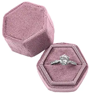 Koyal Wholesale Velvet Ring Box, Dusty Rose, Hexagon Vintage Wedding Ceremony Ring Box with Detachable Lid, 2 Piece Engagement Ring Box Holder, Modern Proposal Idea, Slim Ring Box Display