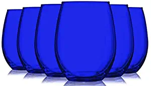 Stemless Wine Glasses Fully Colored Cobalt Blue Beverage Glass- 15oz. Set of 6 - Additional Vibrant Colors Available