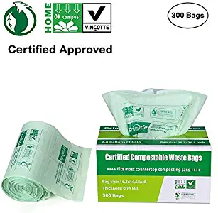 Primode 100% Compostable Bags, 2.6 Gallon Food Scraps Yard Waste Bags, 300 Count, Extra Thick 0.71 Mil. ASTM D6400 Compost Bags Small Kitchen Bags, Certified by BPI and TUV