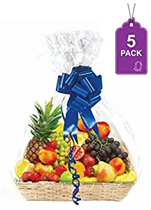 Clear Basket Bags, 5 Pack Large Clear Cellophane Wrap for Baskets & Gifts 30"x 40" 1.5 Mil Thick (5)