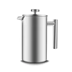 French Press Coffee Maker Double-Wall 18/8 Stainless Steel Coffee and Tea Maker, Bonus Stainless Steel Screen and Coffee Powder Spoon, 34OZ