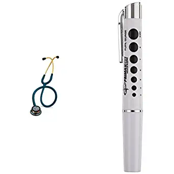 3M Littmann Classic III Stethoscope, Rainbow-Finish, Caribbean Blue Tube, 27 inch, 5807 and Primacare DL-9325 Reusable LED Penlight with Pupil Gauge bundle