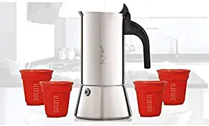 Bialetti Venus Induction Stainless Steel Espresso Maker (4 Cups + 4 Silver and Red Cups)