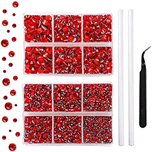 Outuxed 5040pcs Red Hotfix Rhinestones 6 Mixed Size Crystal Flatback Rhinestones for Crafts Round Glass Gems with Tweezers and Picking Rhinestones Pen 2-6.5mm