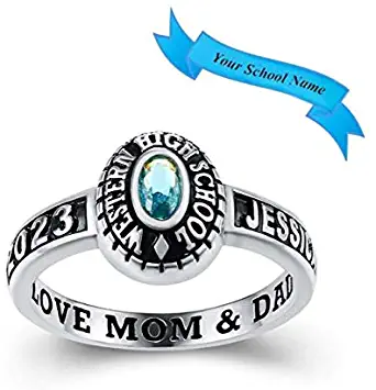 Customized Sterling Silver or 10kt Gold Ladies High School Class Ring – Black Band Collection – Fully Personalized