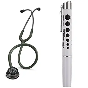 3M Littmann Classic III Stethoscope, Smoke-Finish, Dark Olive Green Tube, 27 inch, 5812 and Primacare DL-9325 Reusable LED Penlight with Pupil Gauge bundle