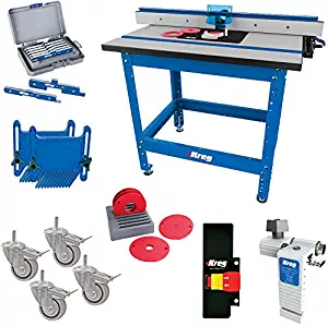 Kreg PRS1045 (KRS1035, PRS1025, PRS1015) Router Table with PRS3090 Caster, PRS3020 True-Flex, PRS3100 Router Table Switch, PRS3400 Set-Up Bars, and KRS7850 Router Table Stop