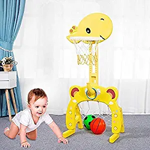 Basketball Hoop Set, 3 in 1 Sports Activity Center Grow-to-Pro Adjustable Easy Score Basketball Hoop, Football / Soccer Goal, Ring Toss Cute Giraffe Best Gift for Baby Infant Toddler (Yellow)