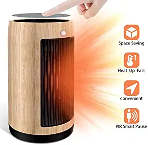 Electric Space Heater 1500W Portable Smart control,Touch panel, PIR Motion Sensor, Function 3 Modes with Overheat & Tip-over Shut off ，wood grain housing (Yellow fir)