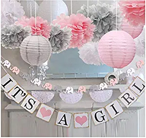 luckylibra Baby Girl Baby Shower Decorations, It is a Girl Banners and Paper Lantern Paper Flower Pom Poms （Pink White Grey）