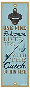 SJT ENTERPRISES, INC. One fine Fisherman Lives here with The Catch of his Life (Fishing Rod & Fish Image) 5" x 15" Bottle Opener Plaque Sign (SJT07443)