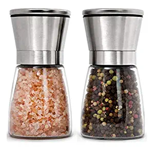Premium Stainless Steel Salt and Pepper Grinder Set of 2 - Adjustable Ceramic Sea Salt Grinder & Pepper Grinder - Short Glass Salt and Pepper Shakers Pepper Mill & Salt Mill with Free Funnel & EBook