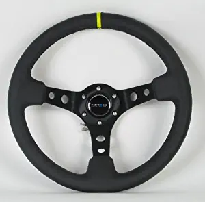 NRG Innovations, ST-006BK-Y, 350mm 3 Inches Deep Dish 6 Hole Racing Steering Wheel Black Leather Yellow Pointer with Horn Button ST-006BK-Y