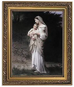 Elysian Gift Shop Innocence Blessed Mother Virgin Mary with Baby Jesus Christ 8" x 10" Catholic Framed Art Print-Wall Plaque- in Ornate Gold Finish Frame. (Includes Laminated Holy Card)